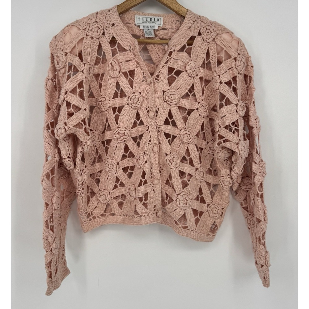 Studio Michelle Stuart‎ Hand Knit Pink Crochet Cardigan Rosette Floral Boho Med